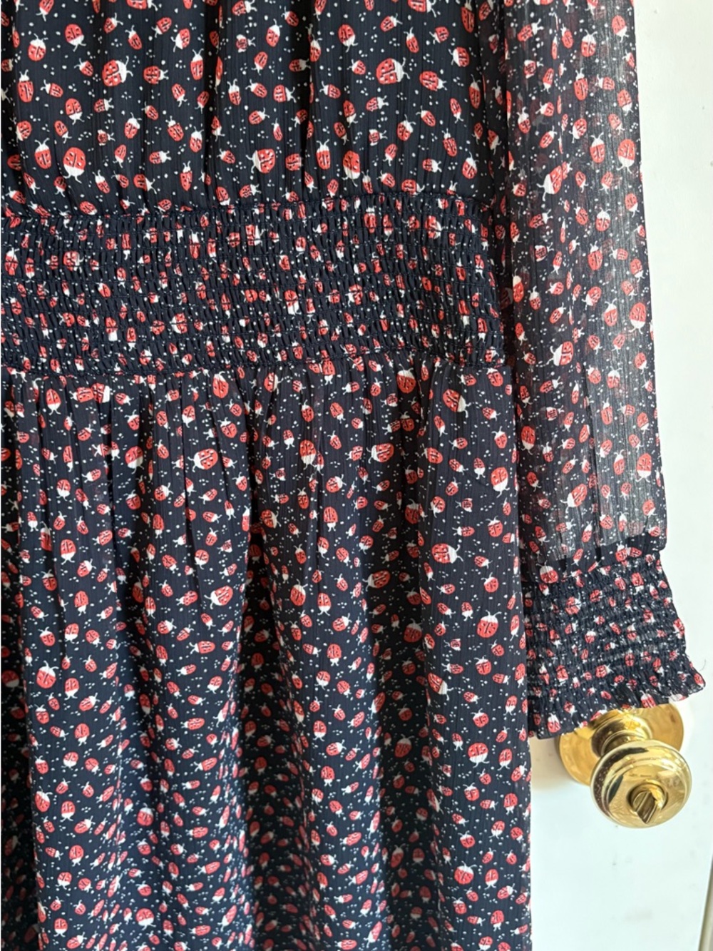 LOFT Navy Ladybug Print V Neck Dress with Smocked Waist and Cuffs - Picture 4 of 5